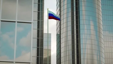 Russia Flag 3D Render Animation on Pole with City Buildings Stock-Footage 332884504