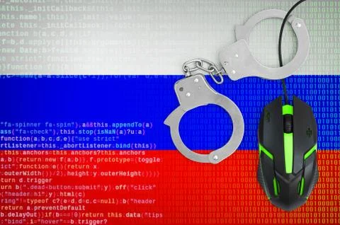 Russia flag  and handcuffed computer mouse. Combating computer crime, hackers Stock-Fotos