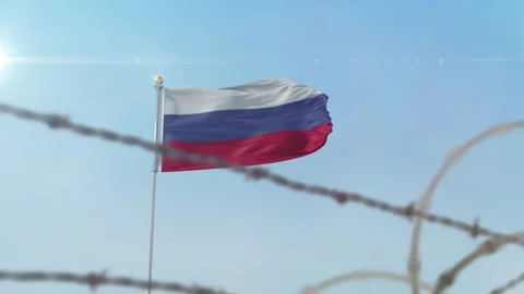 Russia flag behind border Stock Footage 137432858
