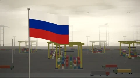 Russia Flag Flying Over Container Terminal Stacking Yard seamless loop Stock-Footage 344781785