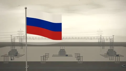 Russia Flag Flying Over High Voltage Electrical Substation seamless loop 스톡 동영상 344784561