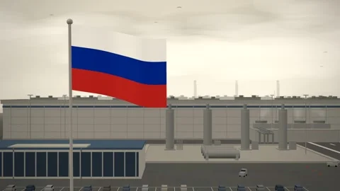 Russia Flag Flying Over Semiconductor Fabrication Plant Cleanroom seamless loop Stock Footage 344781811