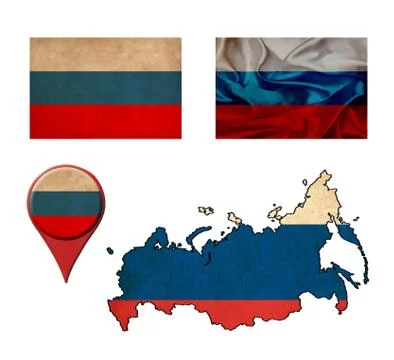 Russia flag, map and map pointers 스톡 일러스트