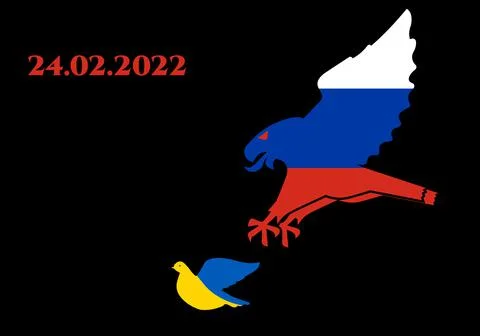 Russia in the form of evil eagle attacks Ukraine in the form of peaceful dove Stock Illustration