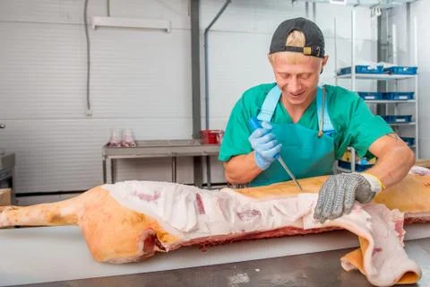 Russia - July, 2016: : Man processing pork Stock Photos