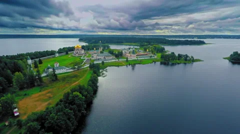 Russia, lake Valday, the Iveron monastery, (Aerial Drone flights) Vidéo 55708853
