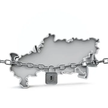 Russia lockdown concept. Map with lock and chain. 3D Render 스톡 일러스트