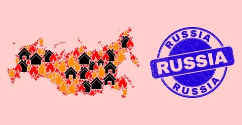 Russia Map Collage of Fire and Houses and Scratched Russia Seal Ilustração Stock