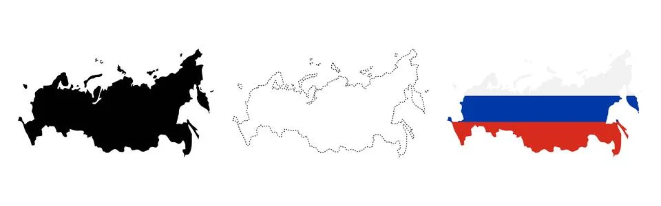 Russia map flag. Includes silhouette, dotted outline and national flag vers.. Stock Illustration
