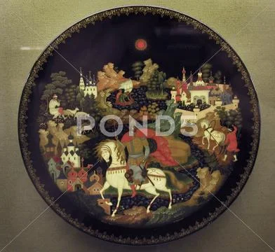 Russia miniature painting on papier mache plate Stock Photos