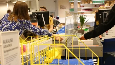 Russia, Moscow - 14 July 2017: At the checkout line in IKEA store. Stock Footage