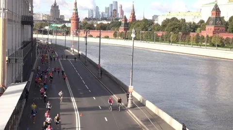 RUSSIA, MOSCOW City marathon amateur runners on the Stock Footage