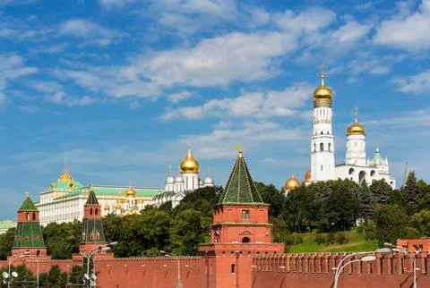 Russia, Moscow, Kremlin wall with towers and cathedrals Stock Photos