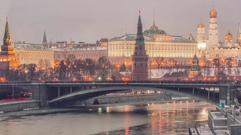 Russia, Moscow, night view of the Moskva River, Bridge and the Kremlin Stock Footage