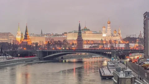 Russia, Moscow, night view of the Moskva River, Bridge and the Kremlin Stock Footage
