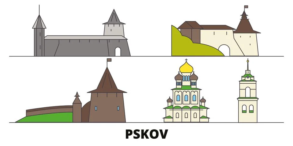 Russia, Pskov flat landmarks vector illustration. Russia, Pskov line city with Stock Illustration