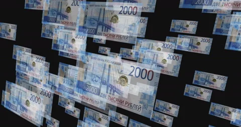 Russia Ruble 2000 banknote – flying between transparent money Stock Footage 210533059