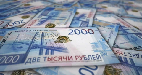 Russia Ruble 2000 banknote flying over money surface Stock-Footage 219357658