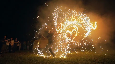 RUSSIA, SAMARA, AUGUST 5, 2016: Fire show at the festival Protoka Stock Footage 66752122