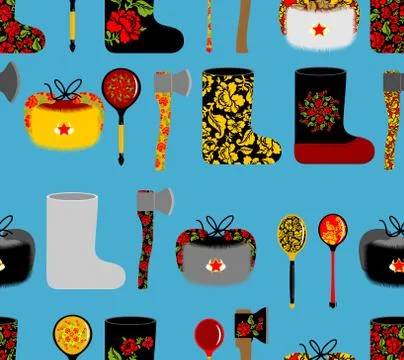 Russia seamless pattern. Russian national objects: boots and wooden spoon. Vo Illustrazione stock
