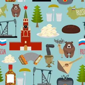 Russia sightseeing seamless pattern. Moscow Kremlin and Samovar, oil pump and Stock Illustration