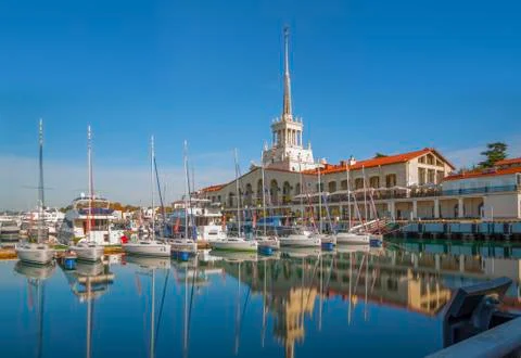 Russia, Sochi, seaport, Sea station, Ships and yachts at the pier. Reflection Stock Photos