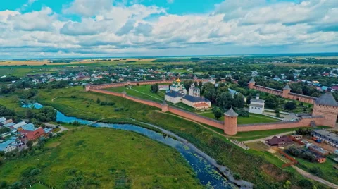 Russia, Suzdal, monastery of Saint Euthymius July 14, 2015 shooting (air) 스톡 동영상 52447138