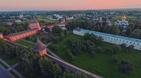 Russia, Suzdal, monastery of Saint Euthymius July 15, 2015 shooting (air) 스톡 동영상 52447867
