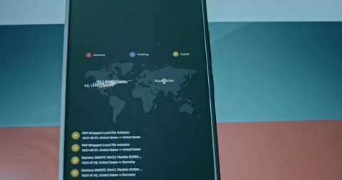 Russia is the target for cyber attacks, live cyber threat map and Russian flag Stock Footage 310845192