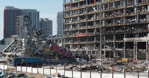 Russia - terrorist country, destroyed shopping and entertainment center in Kyiv Stock Footage 200974553