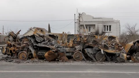Russia war Ukraine damage tank burn out APC destroyed army vehicle. Military Stock Footage 196018492