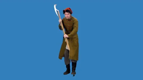 Russian 18th century guardsman (strelts) marching with battle ax with long blade Stock Footage 201257565