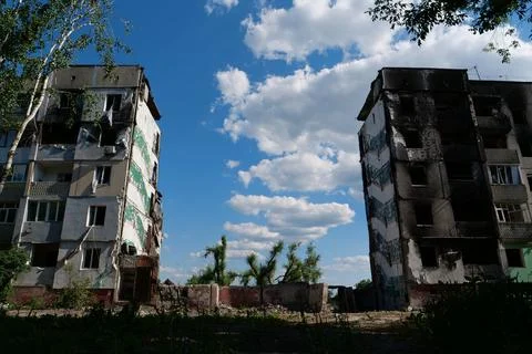 Russian air force dropped bombs and destroyed buildings, killed civilians Stock Photos
