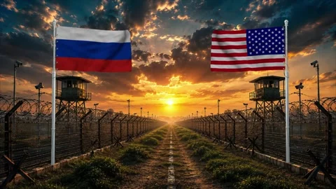 Russian and American flags flying at sunset. Stock Footage 340418595