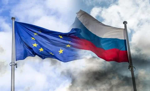 Russian and EU flags covered by black smoke, concept picture Stock-Fotos