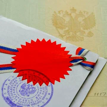 Russian apostille of documents and a form with the coat of arms. Square format. Stock Photos