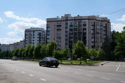 Russian armed forces damaged by a shell dwelling house in Bucha town, Ukraine Stock Photos