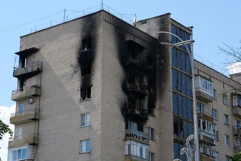 Russian armed forces damaged by a shell dwelling house in Bucha town, Ukraine 스톡 사진