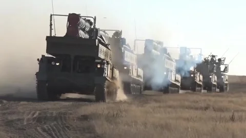 Russian Army - mobile rocket complexes are driving in column Stock Footage 245166198