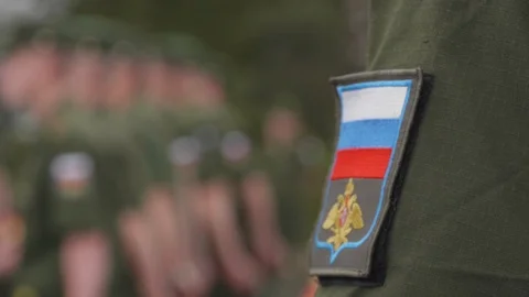 Russian Army Side Arm Flag Badge on Soldier During Ceremony Stock Footage 113404017