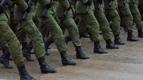 Russian army soldiers march during training session in a place Stock Footage