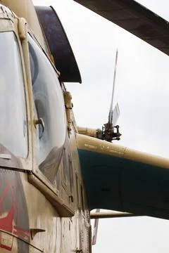 Russian Attack Helicopter Cockpit Window Close-up Abstract Foto stock