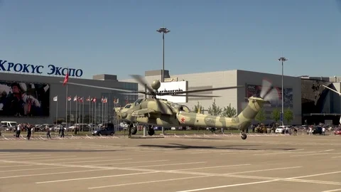 Russian attack helicopter Mi-28N Night hunter landed in the parking Stock Footage 106062590