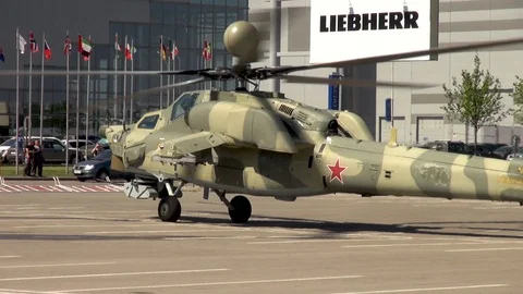 Russian attack helicopter Mi-28N. Night hunter with rotating blades Stock Footage 106062607