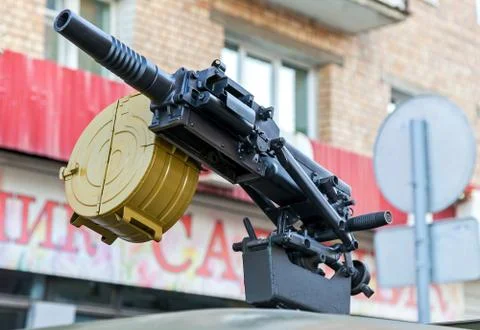 Russian automatic grenade launcher with attached box for ammunition Stock Photos