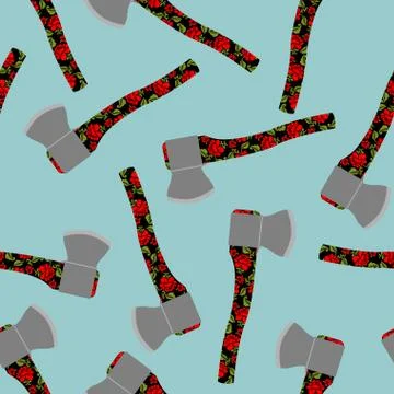 Russian axe seamless pattern. Tools with traditional Russian ornament. Danger Stock Illustration