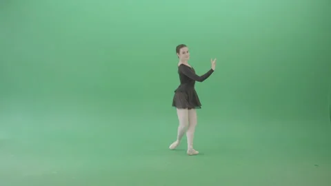 Russian ballet dancing girl in black body wear dress dancing isolated on green Stock Footage 147652295