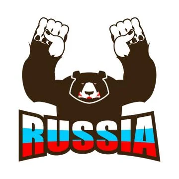 Russian bear. Angry big predator and Russian flag. Aggressive wild animal. lo Stock-Illustration
