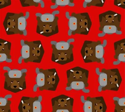 Russian bear with ear flaps pattern seamless. Russia animal face background Stock Illustration