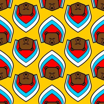 Russian bear in kokoshnik pattern seamless. Russian national cap symbol backg Stock Illustration